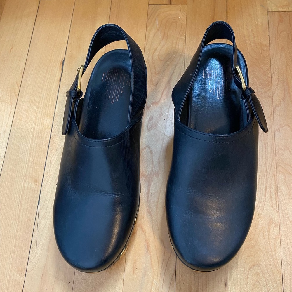Charlotte Stone Jona Black Leather Slingback Clogs